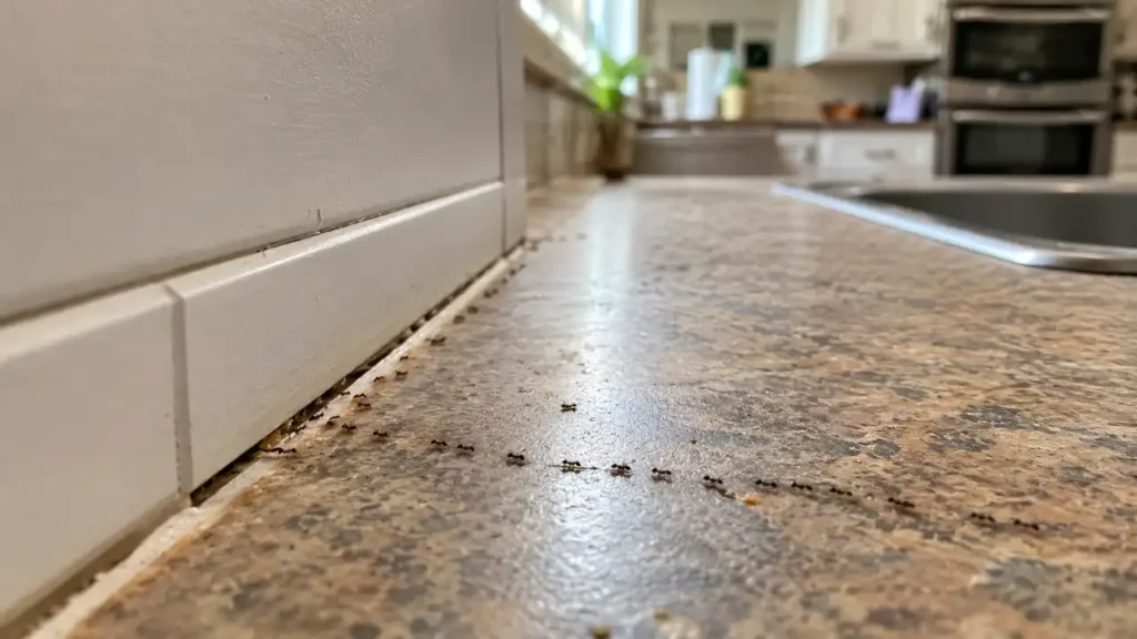 Ants following a trail across a kitchen countertop toward an entry point