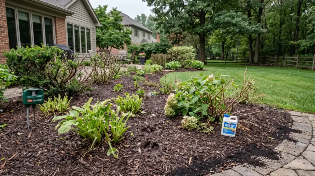 Severe deer damage to hostas, shrubs, and landscaped garden beds despite the use of coffee grounds and other deer deterrents.