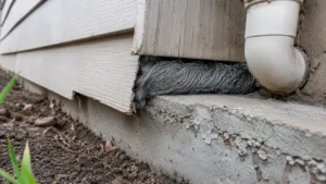 Coarse steel wool for mice packed into a gap between house siding and foundation to block the entry.