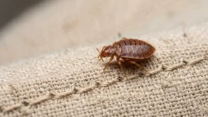 Adult bed bug crawling across a fabric seam, showing the insect's reddish-brown body and typical hiding location.