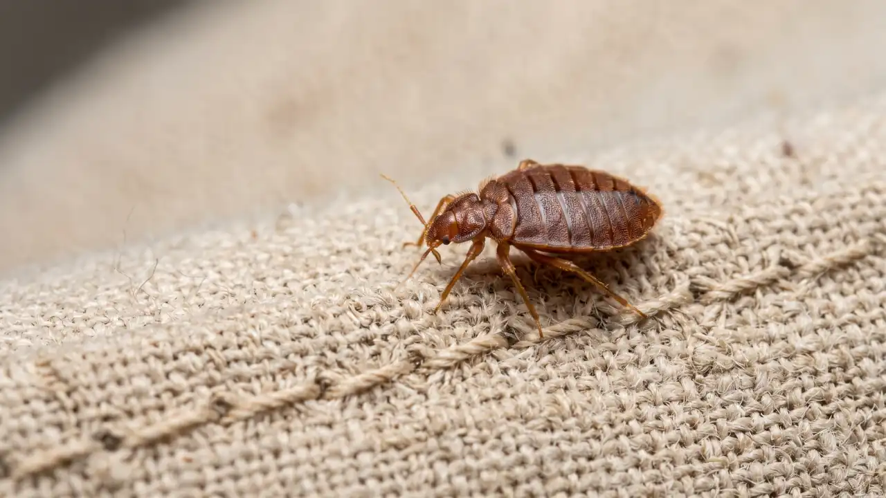 Adult bed bug crawling across a fabric seam, showing the insect's reddish-brown body and typical hiding location.