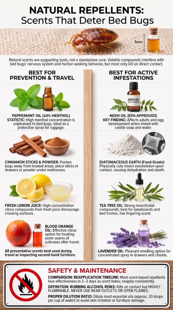 Infographic comparing natural scents that may help repel bed bugs, including peppermint, neem oil, cinnamon, tea tree oil, diatomaceous earth, and blood orange oil, with safety tips and recommended uses.