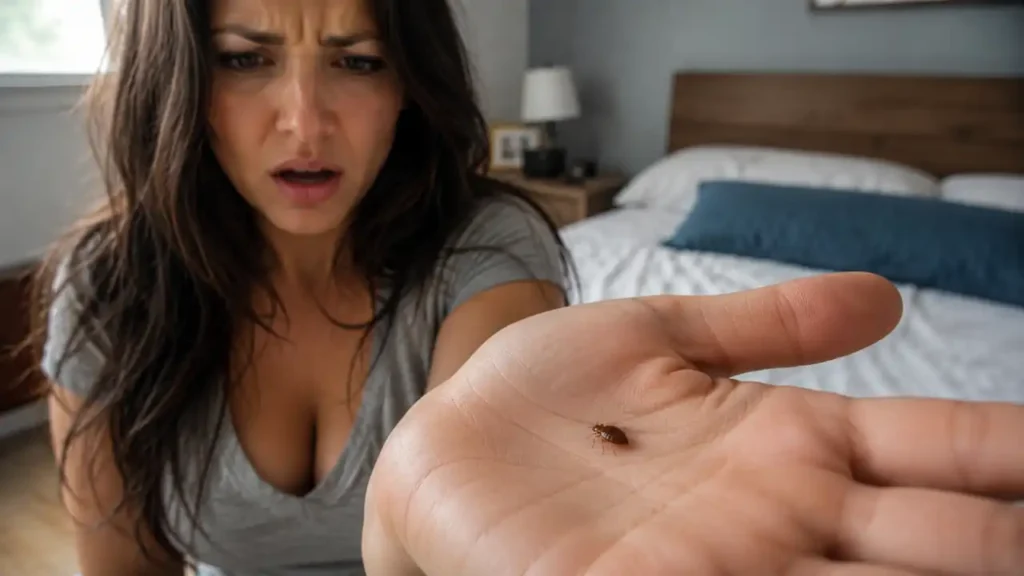 Woman looking at a bed bug on her hand after finding it near her hair
