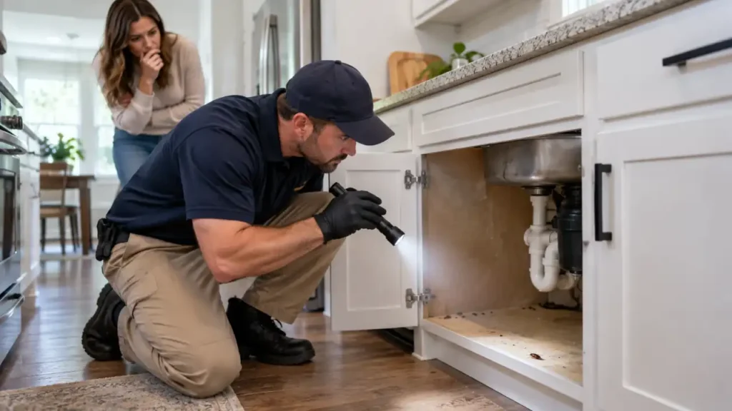 Pest control technician inspecting a kitchen cabinet for cockroach activity