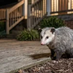 Virginia opossum in a residential backyard at night