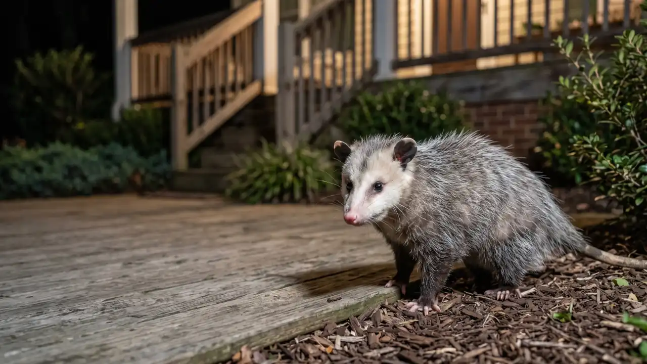 Virginia opossum in a residential backyard at night