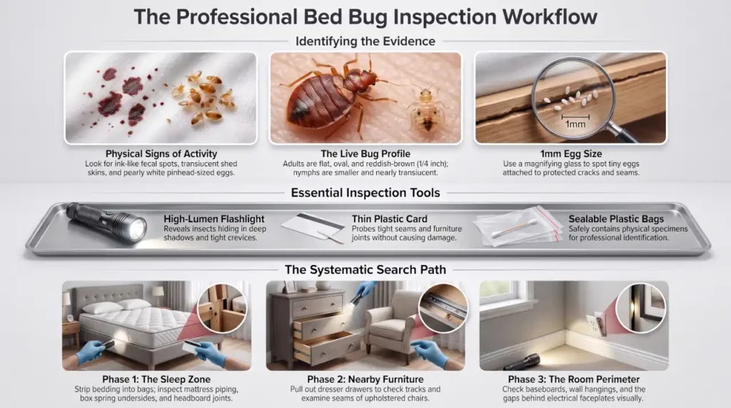 Bed bug inspection workflow showing signs, inspection tools, and areas to check