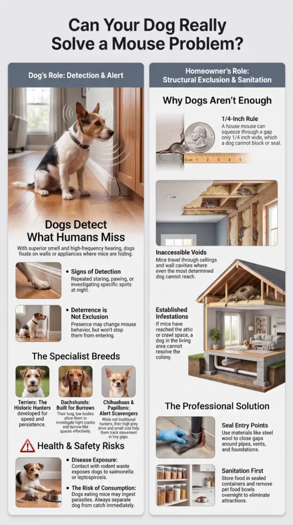 Infographic showing how dogs detect mice and why exclusion is needed for mouse control