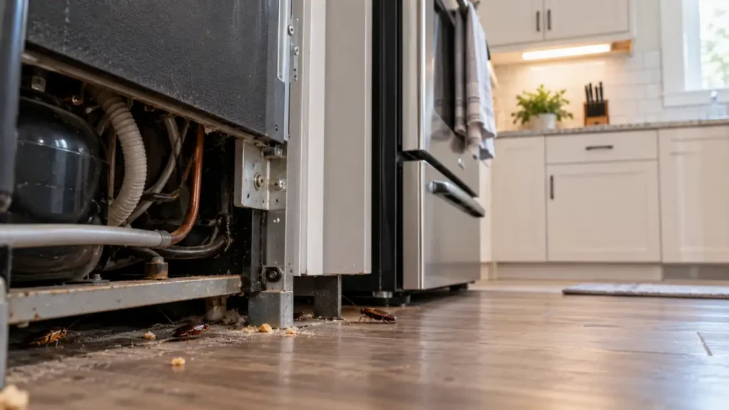 Cockroaches hiding around kitchen appliances near food crumbs and moisture