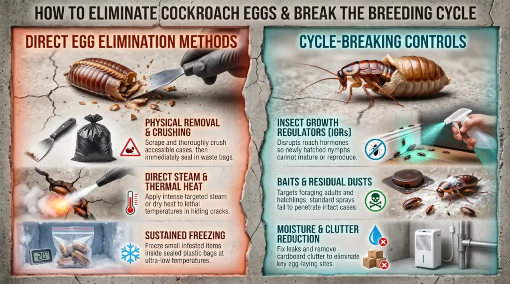 Infographic showing direct cockroach egg control methods and ways to break the breeding cycle