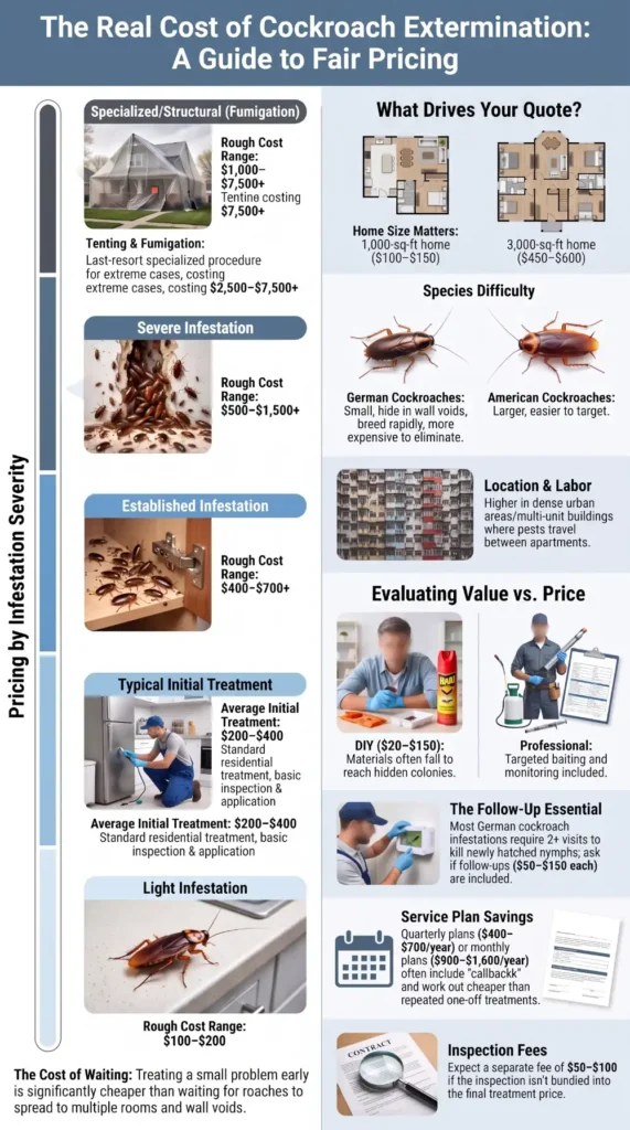 Infographic showing typical cockroach extermination costs by infestation severity and treatment type