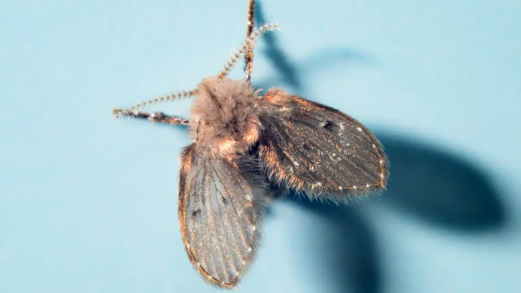 Close-up of a drain fly showing its fuzzy body and moth-like wings