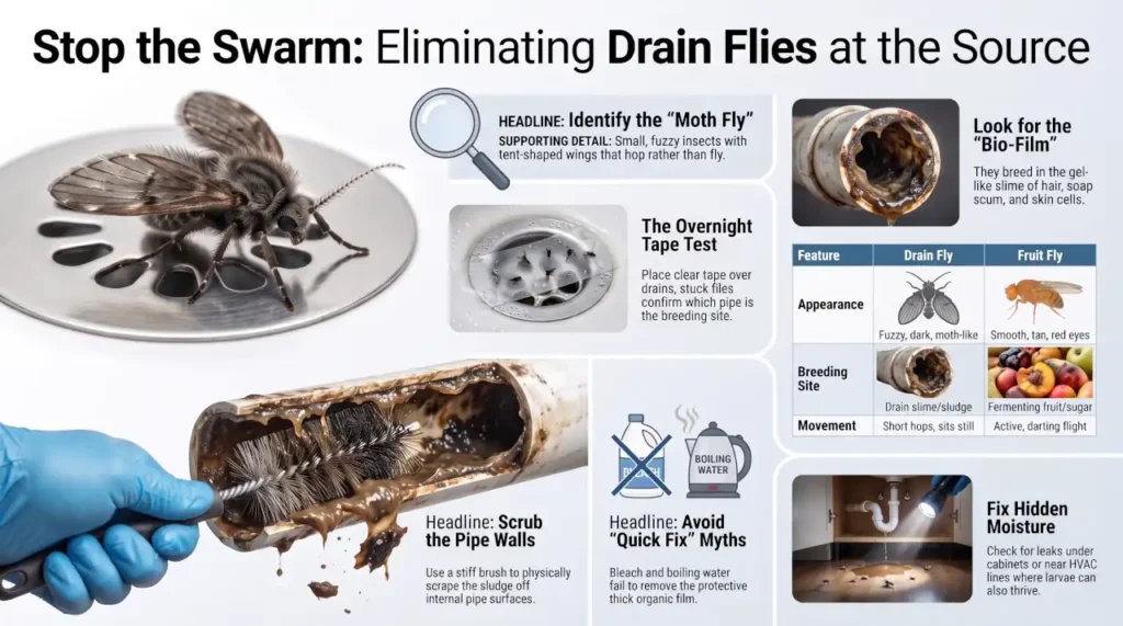 Infographic showing how to identify drain flies, find breeding sites, clean organic buildup, and monitor activity