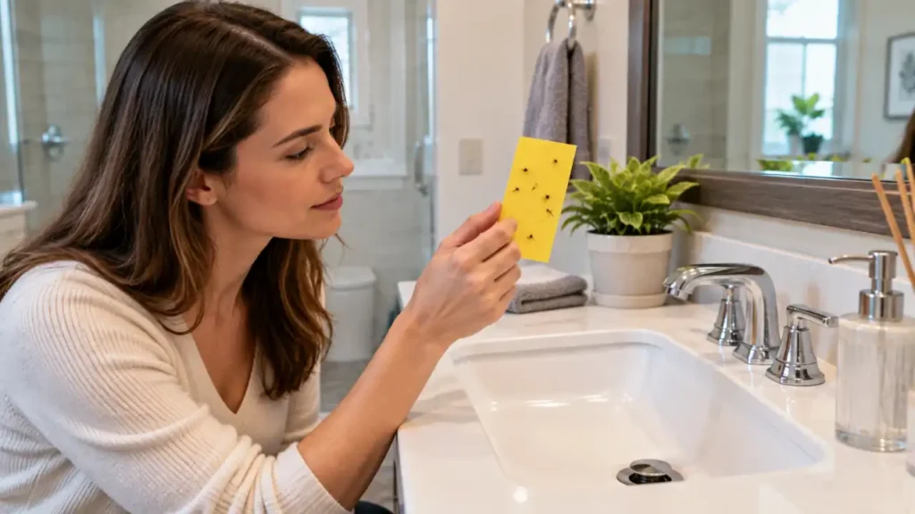 Sticky trap used to monitor drain fly activity near a bathroom sink