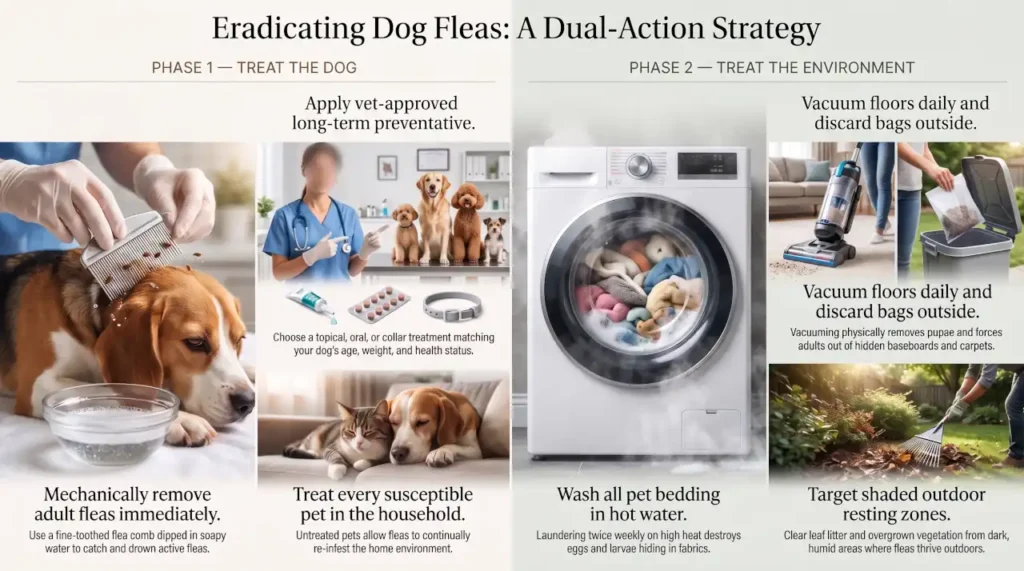Two-part strategy for getting rid of dog fleas by treating the dog and environment