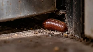 Close-up of a cockroach egg case (ootheca) in a hidden crack