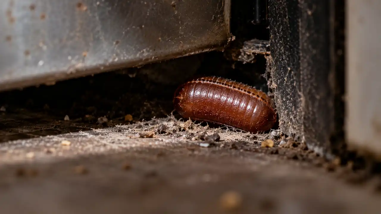 Close-up of a cockroach egg case (ootheca) in a hidden crack