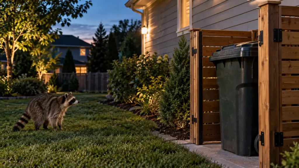 Secure garbage container with a raccoon unable to access it in a suburban yard