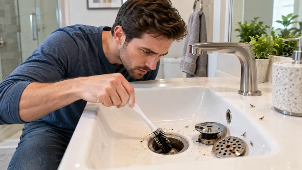 Homeowner inspecting a bathroom drain for drain fly buildup