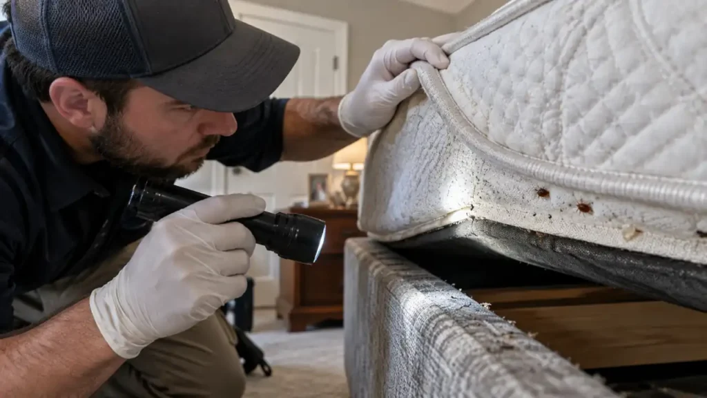 Close inspection of mattress seams for signs of bed bugs