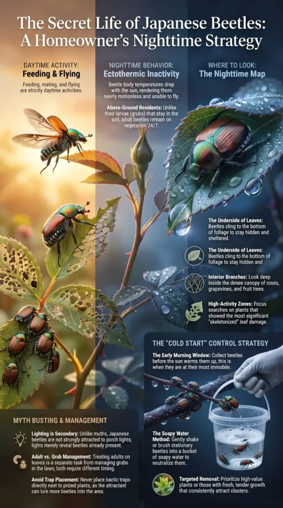 Infographic showing Japanese beetle daytime activity, nighttime resting behavior, hiding locations, and morning control strategies