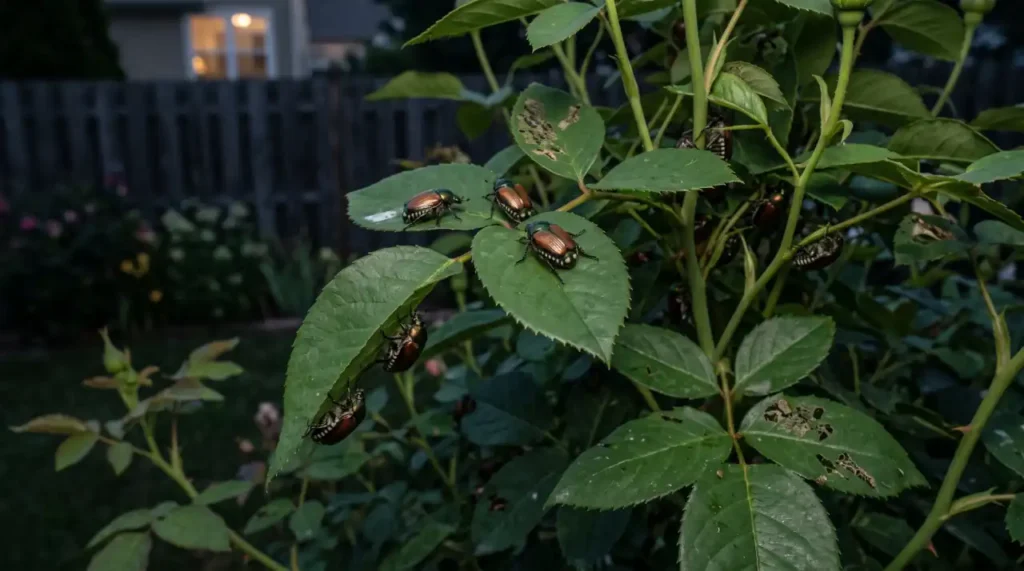Japanese beetles resting on leaves and sheltered foliage at night