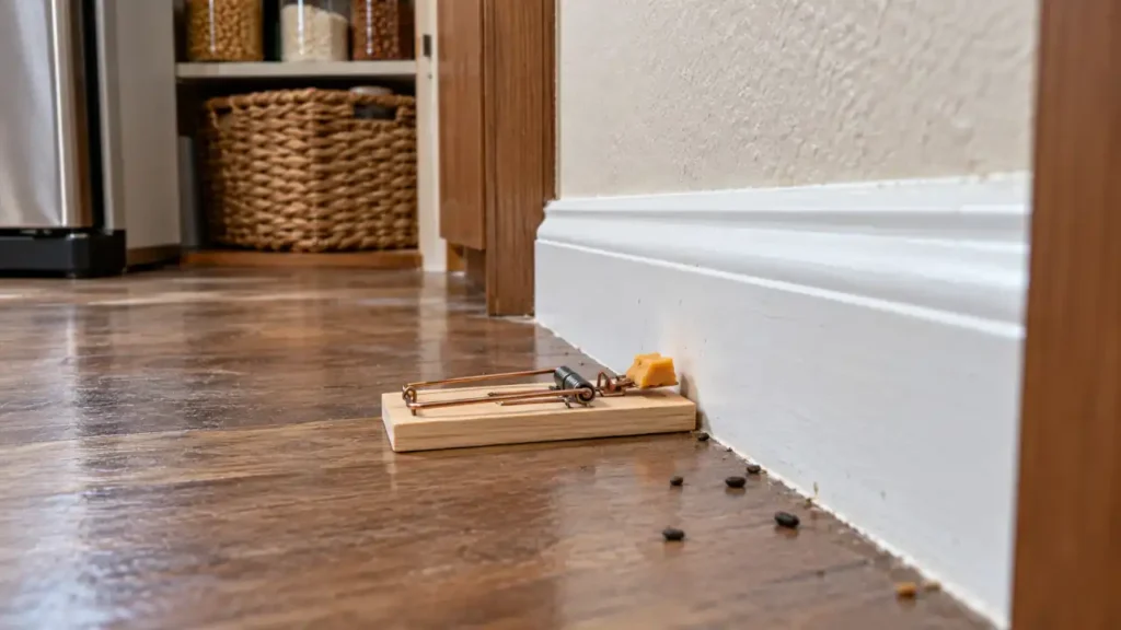 Mouse trap positioned against a wall along a mouse travel route