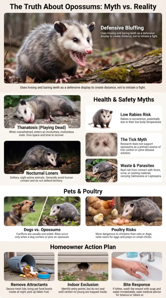 Opossum safety myths, defensive behavior, health risks, pet concerns, and homeowner prevention steps