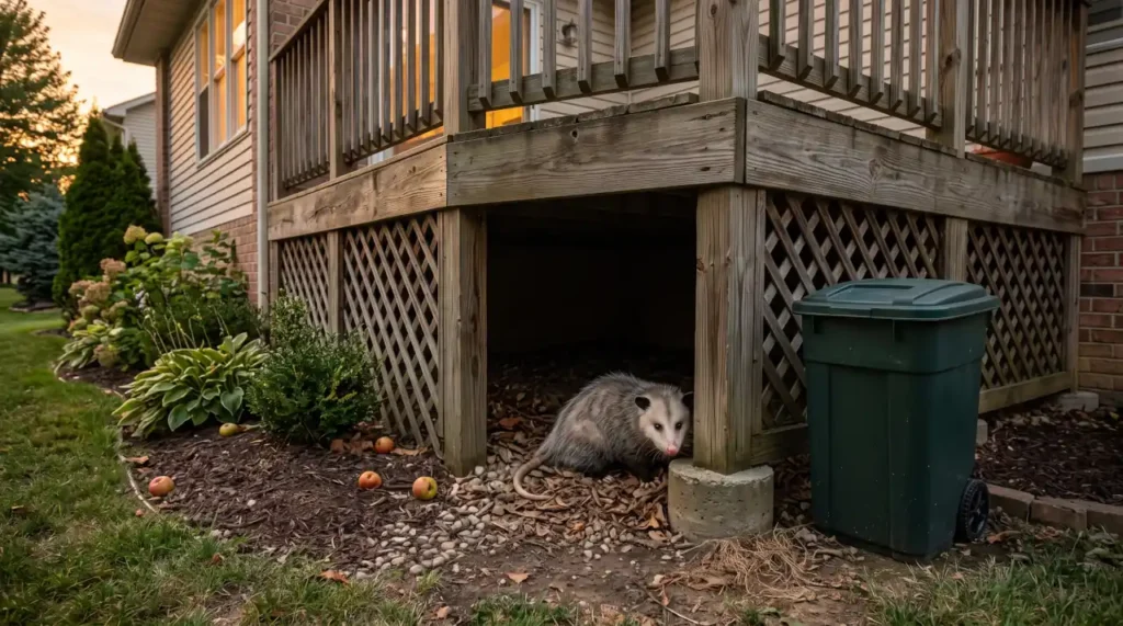 Opossum sheltering underneath a residential deck