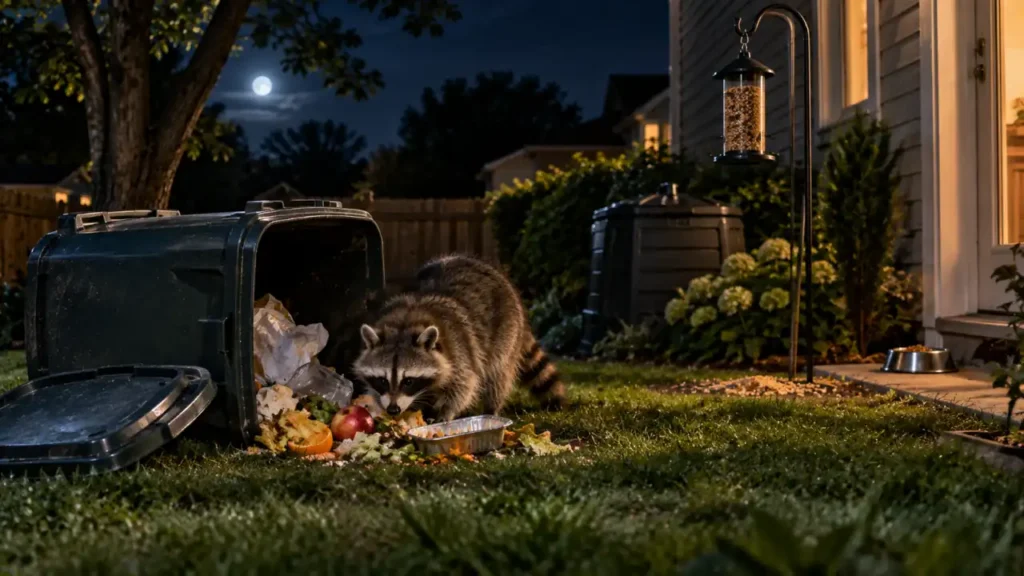 Raccoon investigating food scraps from an overturned garbage bin in a suburban yard