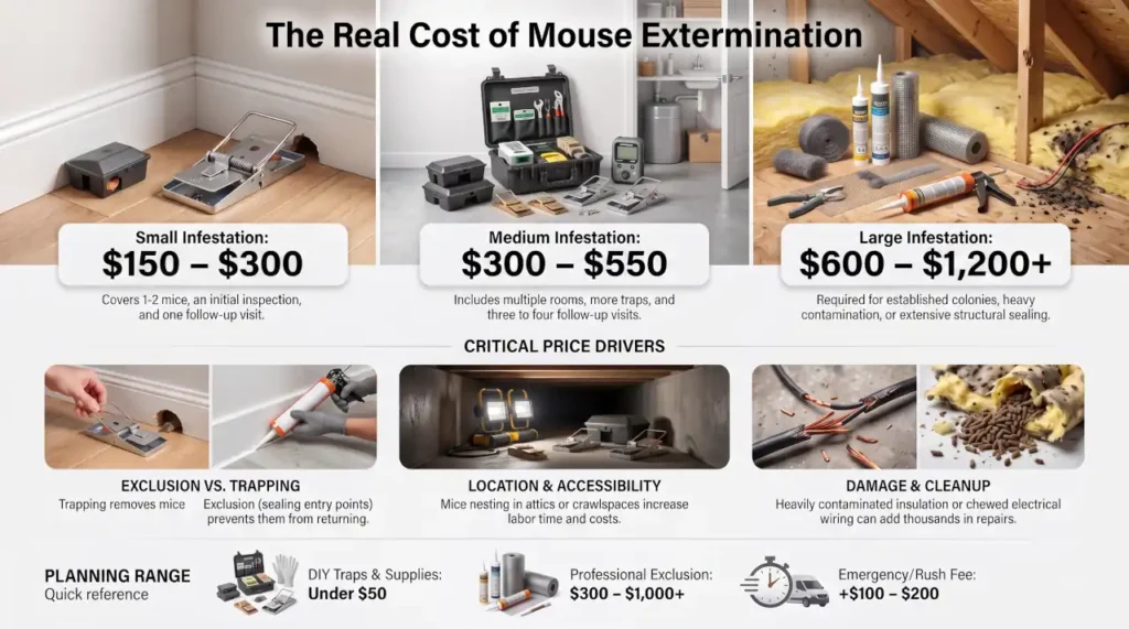 Mouse extermination cost guide showing small, medium, and large infestation prices and major cost factors