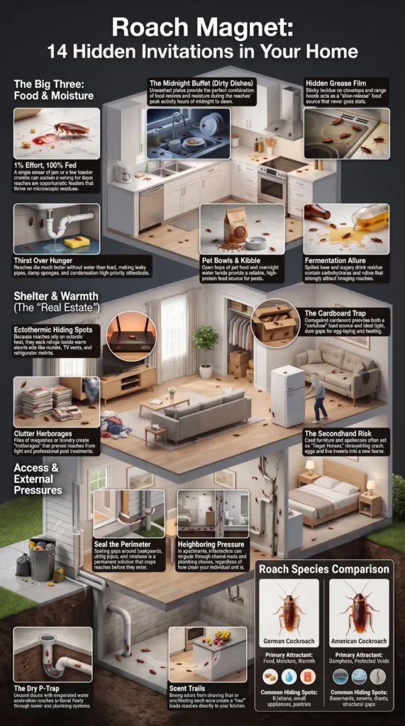 Infographic showing food, moisture, shelter, entry points, and prevention strategies for cockroaches