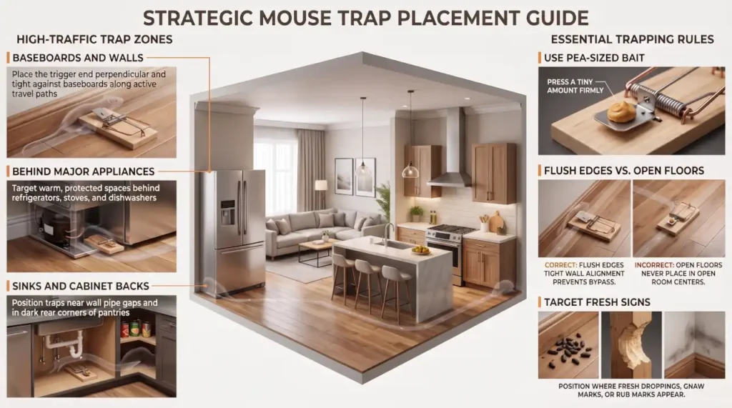 Mouse trap placement guide showing walls, appliances, cabinets, and fresh mouse activity signs