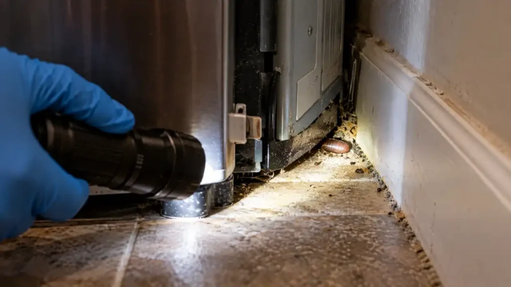 Cockroach egg case hidden behind a refrigerator near the baseboard