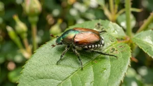 Japanese beetle resting on a green leaf
