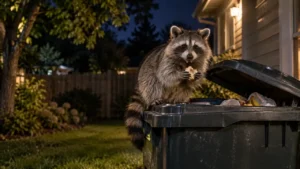 Raccoon sitting on a garbage can and eating food from household trash