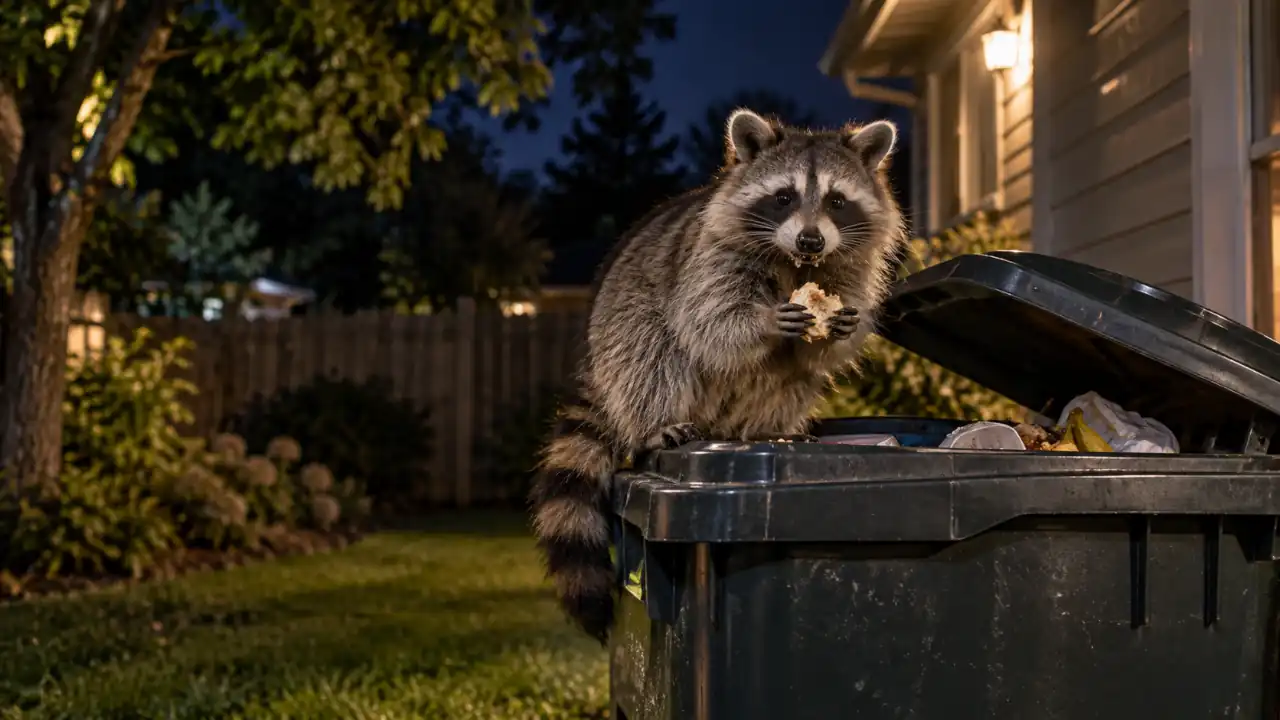 Raccoon sitting on a garbage can and eating food from household trash