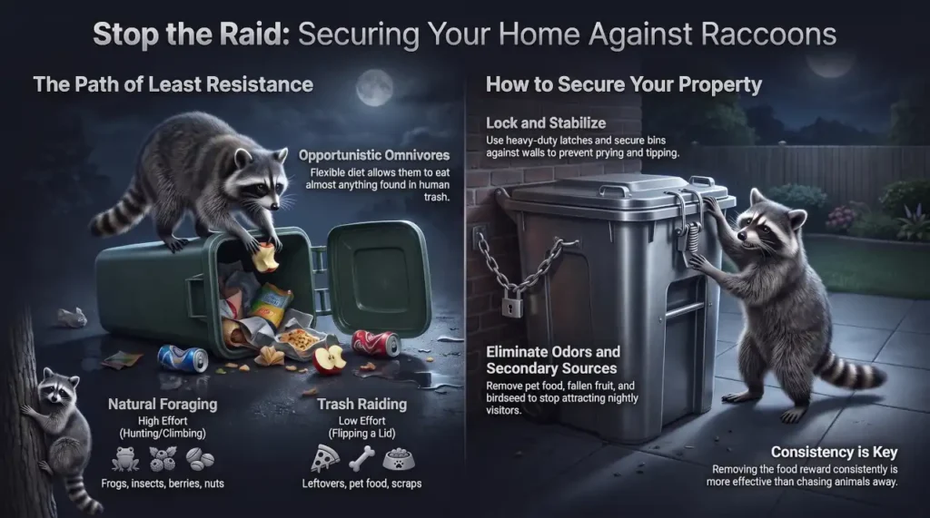 Infographic explaining why raccoons eat trash and how to prevent access to garbage