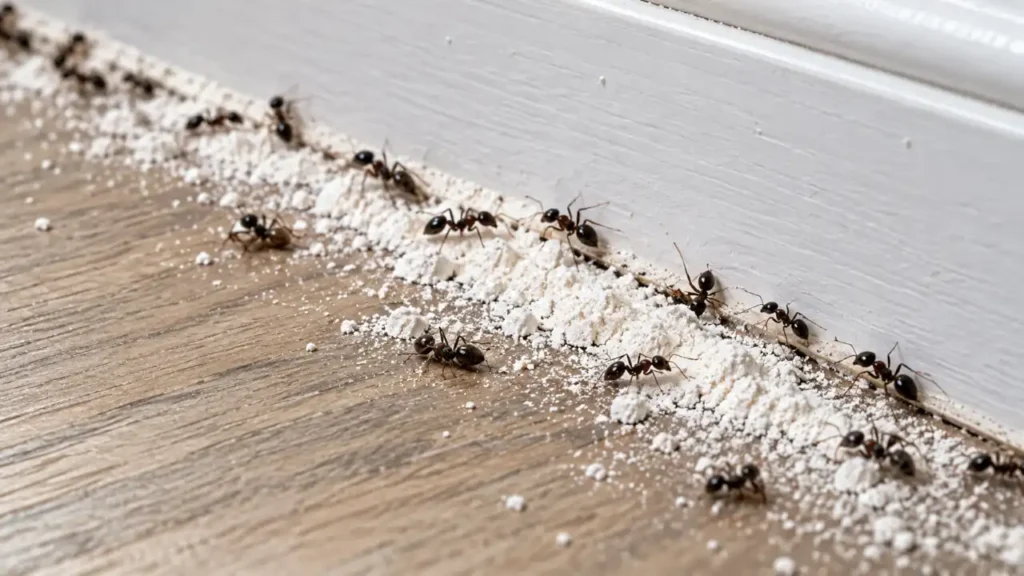 Household ants moving across a thin dusting of diatomaceous earth beside a baseboard.