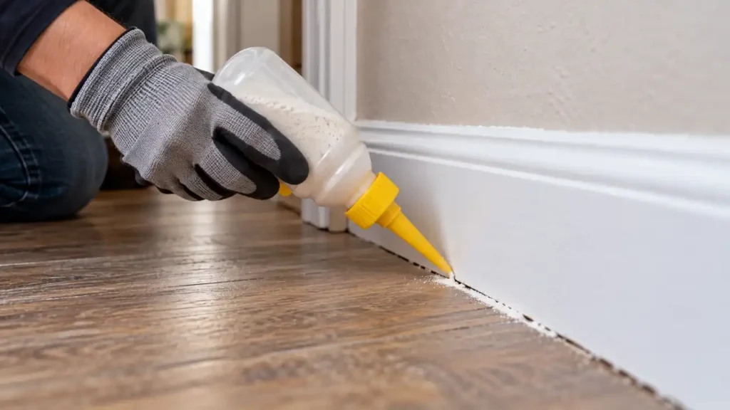Gloved hand applying a thin layer of diatomaceous earth into a dry crack beside a baseboard.