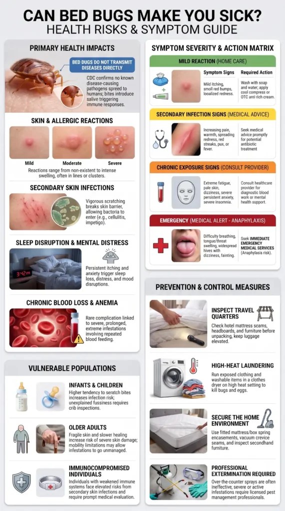 Infographic summarizing bed bug health risks, skin reactions, infection warning signs, rare anemia, sleep disruption, and prevention measures.