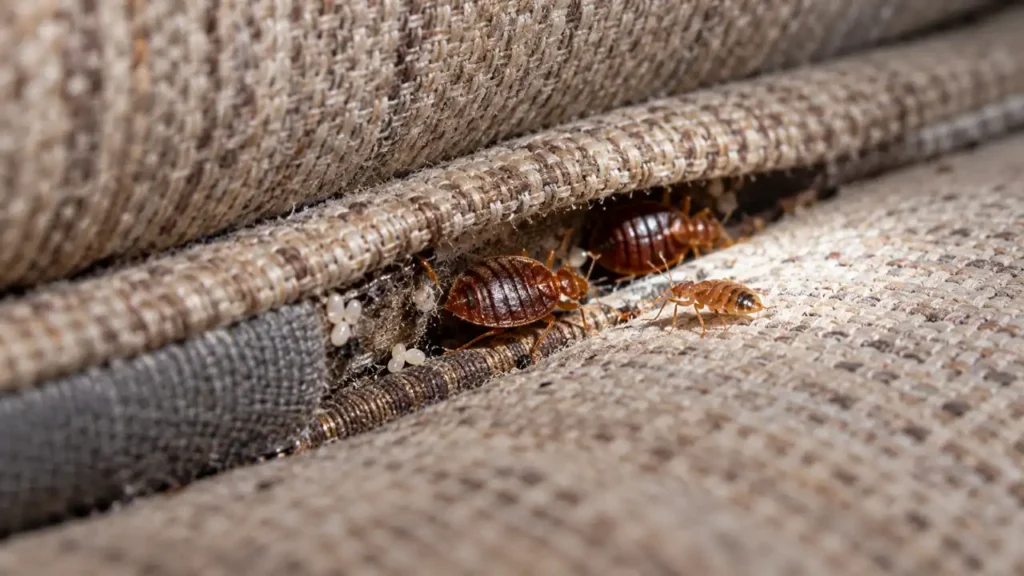 Bed bugs hiding in a couch seam and upholstery crevice