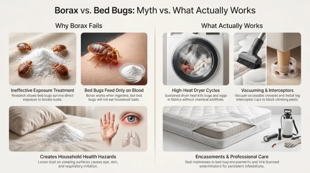 Infographic comparing borax limitations with bed bug control methods, including dryer heat, vacuuming, encasements, and targeted treatment