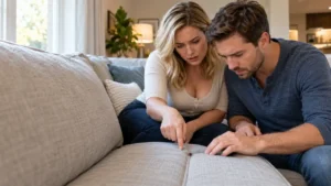 Worried couple inspecting a couch after spotting a possible bed bug.