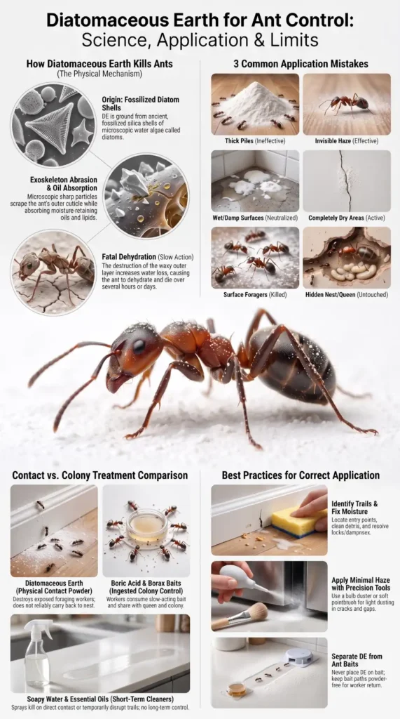 Infographic explaining how diatomaceous earth affects ants, common application mistakes, contact treatment limitations, and best practices.