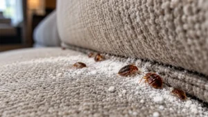 Bed bugs crawling near white powder on a couch seam