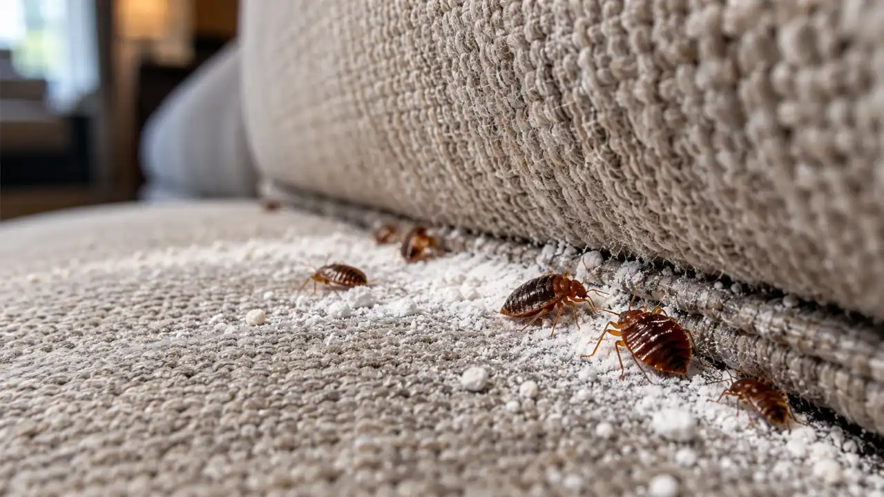 Bed bugs crawling near white powder on a couch seam