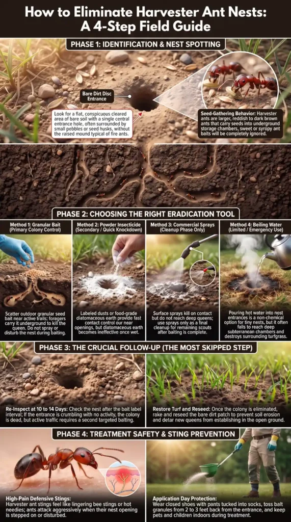 Four-step guide for identifying and eliminating harvester ant nests using bait, insecticide, follow-up, and safety precautions