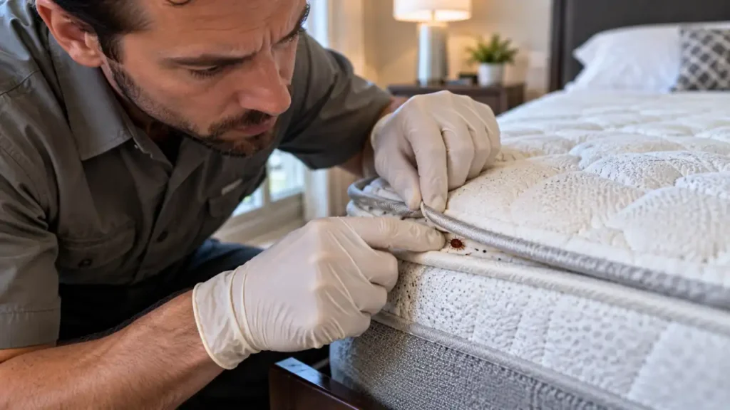 Close-up inspection of mattress seams for signs of bed bugs.