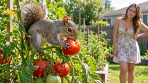 Squirrel eating a ripe tomato on the vine in a backyard garden as a homeowner watches.